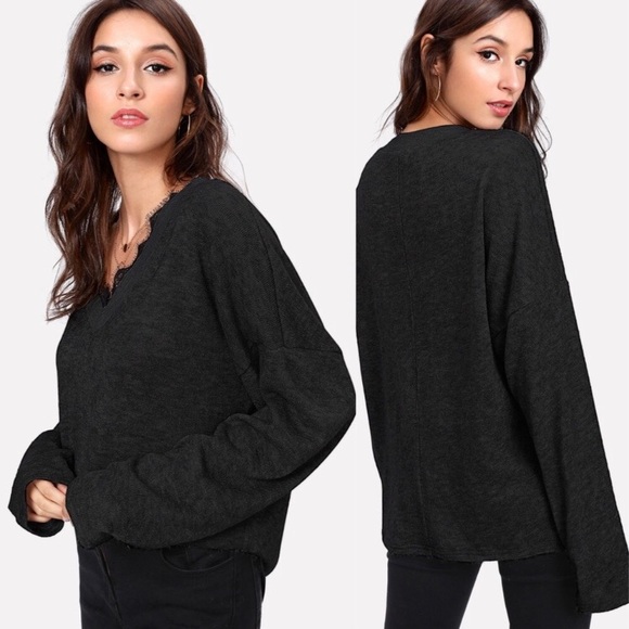 Black Off the Shoulder Lace Trim Sweater - Picture 4 of 11